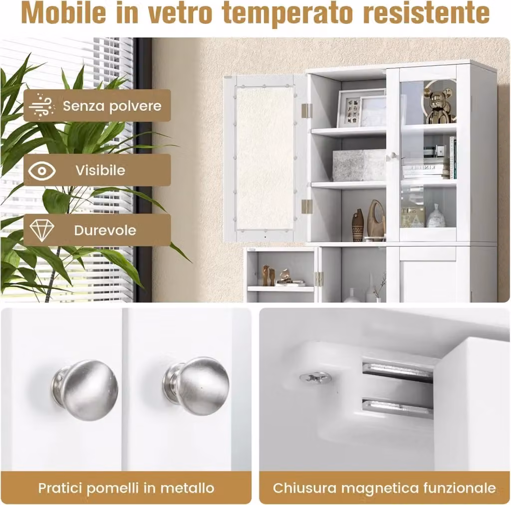Mobile dispensa da cucina alto Costway con ante in vetro, bianco – 2