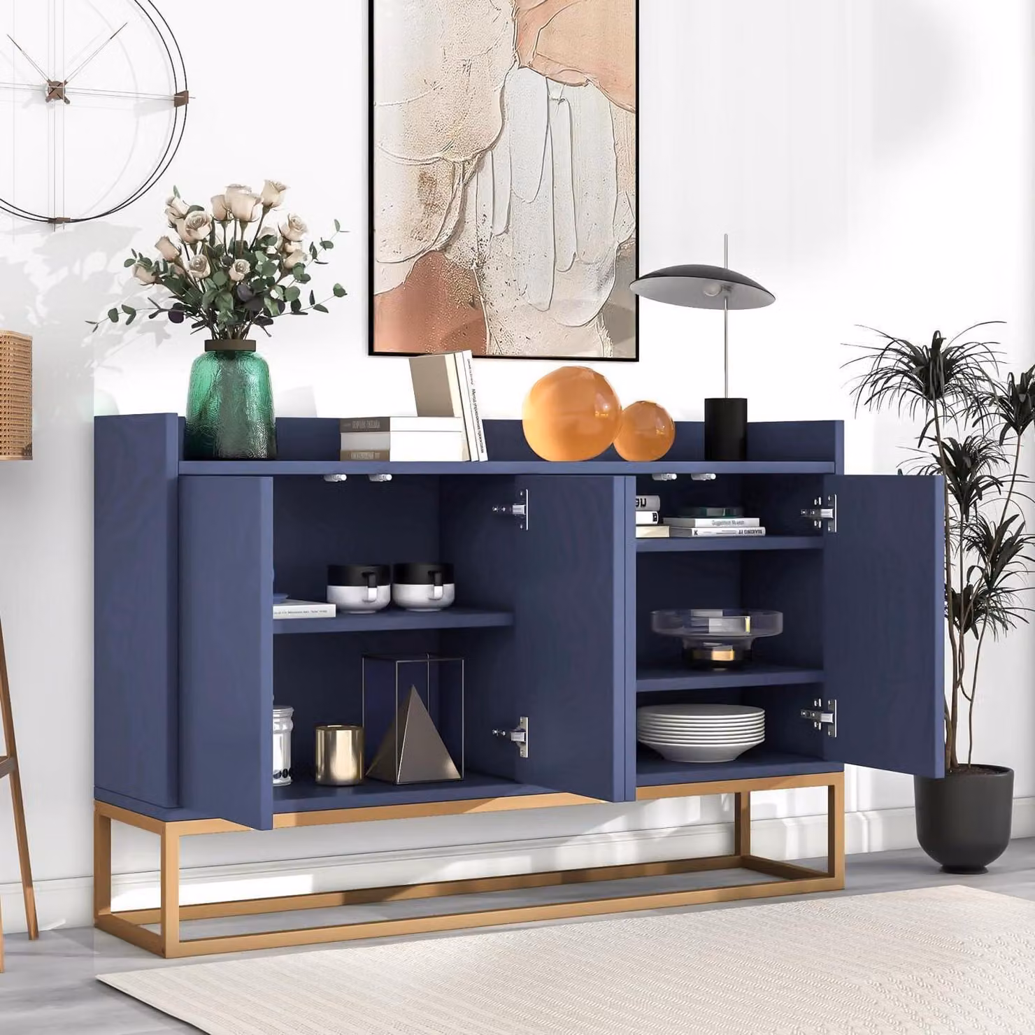 Mobile contenitore a 4 ante, senza maniglie, colore blu, dimensioni 120x30x80 cm, realizzato in pannello di particelle, MDF e struttura in metallo