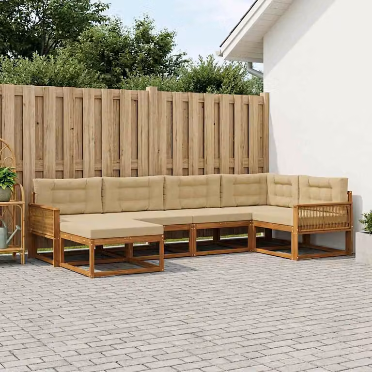 Set di divani da esterno vidaXL in legno di acacia con cuscini, 6 pezzi, Naturale e Beige
