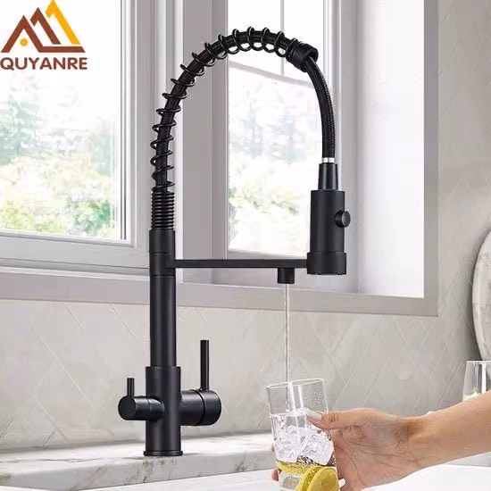Miscelatore da cucina Quyanre con acqua filtrata, installazione su piano, in ottone, nero opaco, a due maniglie e con beccuccio girevole