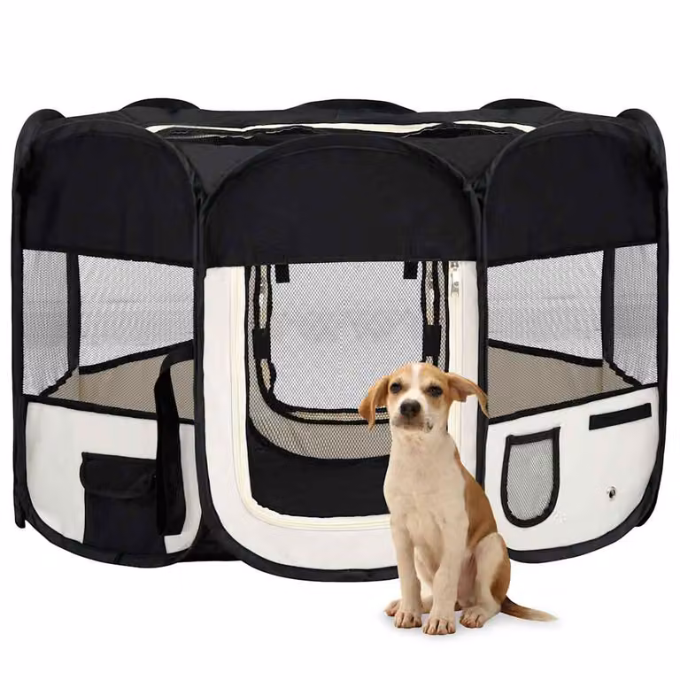vidaXL Box per Cani Pieghevole con Borsa per Trasporto, Nero e Beige, L 110 cm x P 110 cm x H 58 cm
