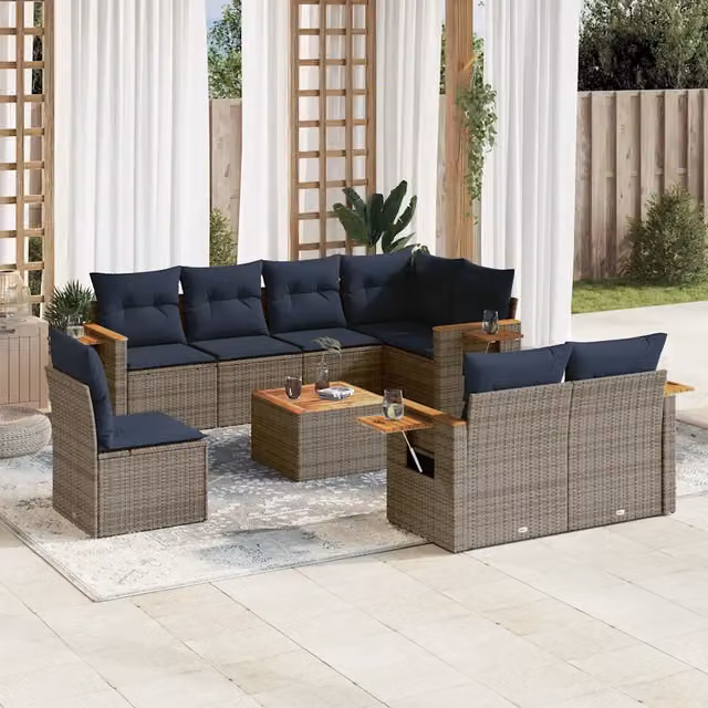 Set Divani da Giardino 9 pz con Cuscini Grigio in Polyrattan 3227013