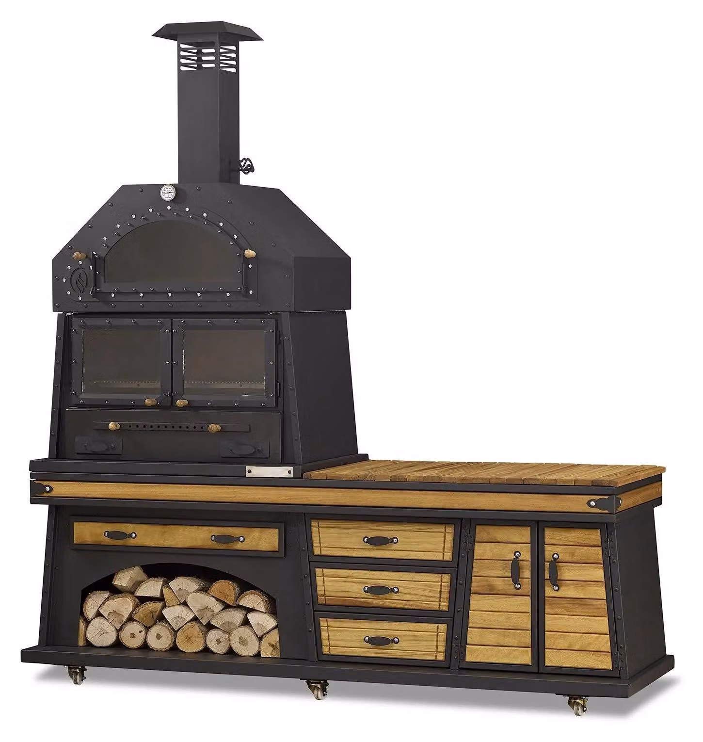 Elegante Außenküche aus Holz und Edelstahl in Schwarz