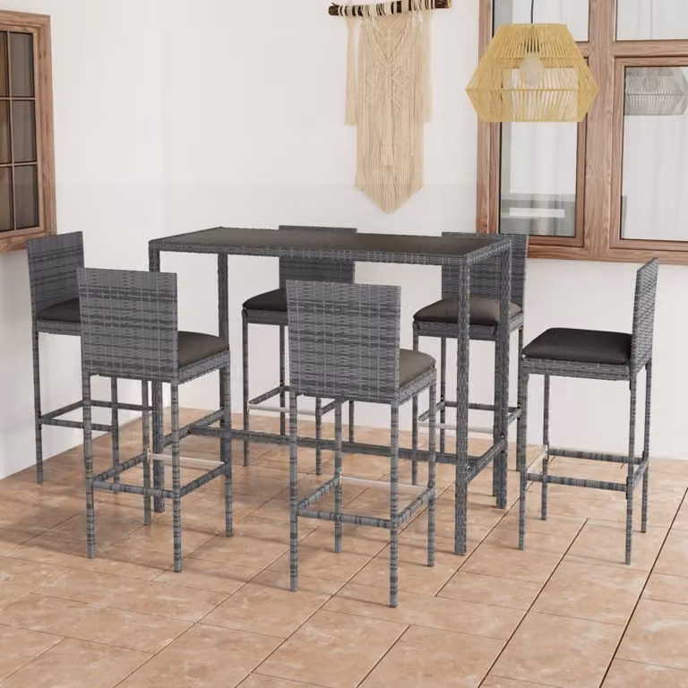 The Living Store Set bar da giardino 7 pezzi con cuscini in poly rattan grigio