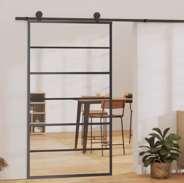 Porta Scorrevole con Kit di Montaggio in Alluminio e Vetro ESG Trasparente Nero vidaXL L: 102 cm, H: 205 cm