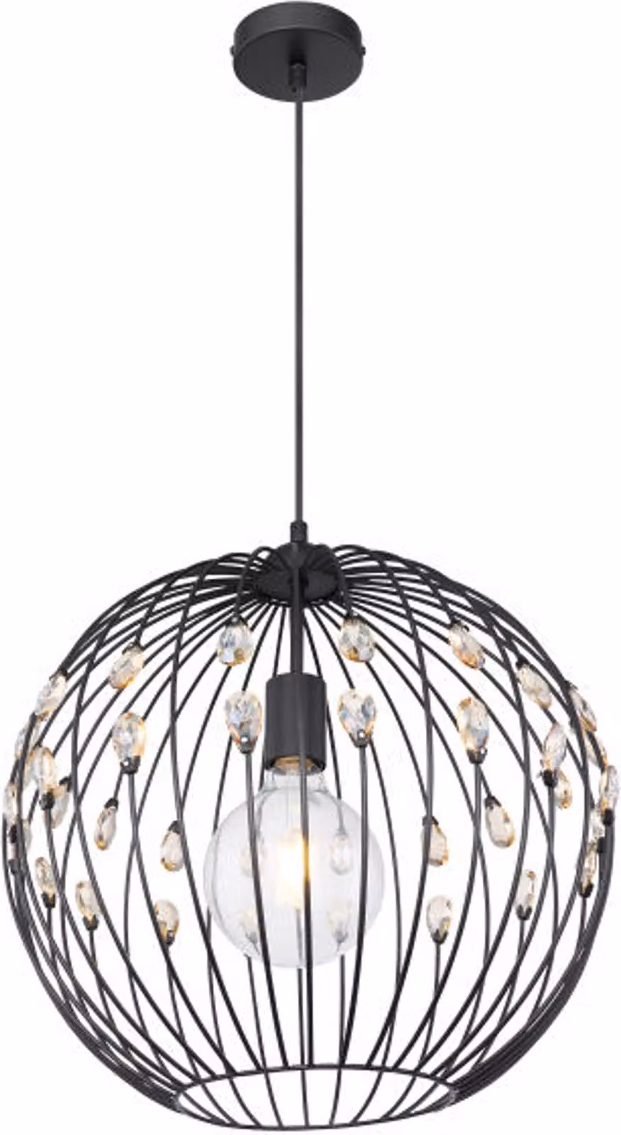 Globo Lighting lampada a sospensione in metallo nero opaco, metallo nero opaco, cristalli K9 ambra, cavo tessile nero, ø: 400mm, H: 1200mm, escl. 1x E27 60W 230V