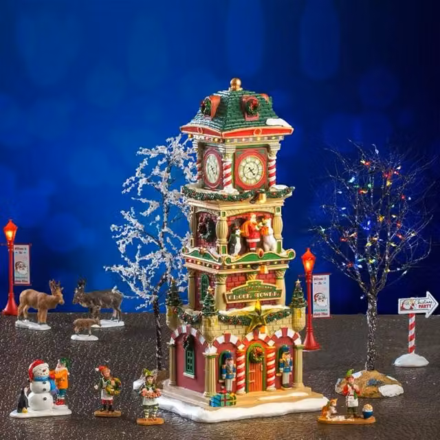 Set Torre con Orologio Villaggio Natalizio Frankystar multicolore con 15 personaggi e alimentatore