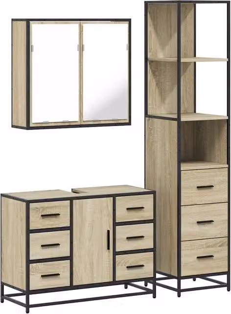 Set Mobili da Bagno Industrial in Legno e Metallo Marrone con Armadietto Specchio, Mobile Lavabo e Colonna, H 166 x L 80 x P 37,5 cm