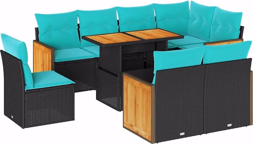 Set Divani da Giardino 9 pz con Cuscini Nero Polyrattan Acacia