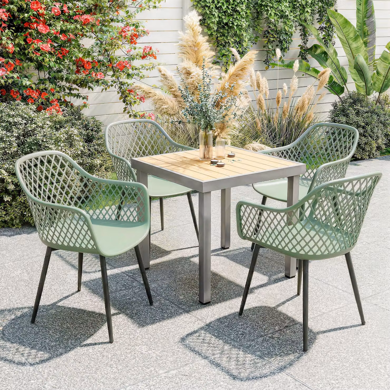 Set di 4 sedie da giardino Outsunny con schienale diamantato e braccioli, colore verde – 2