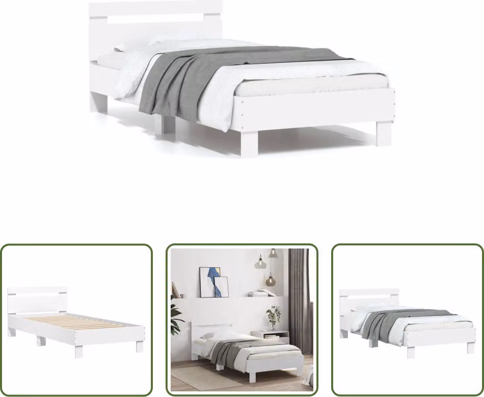 The Living Store Giroletto con testiera bianco 90x200 cm in materiale ligneo
