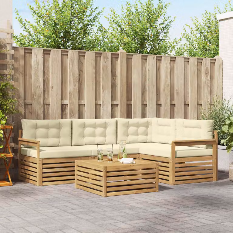 Set di divani da esterno vidaXL 6 pezzi in legno di acacia con cuscini, bianco, beige e marrone