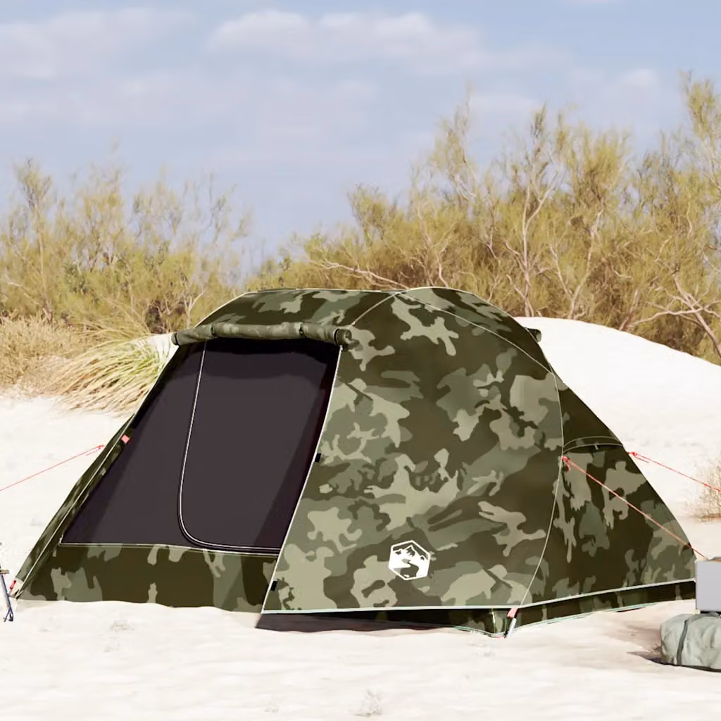 Tenda da pesca impermeabile vidaXL per 5 persone, mimetica verde e multicolore in poliestere
