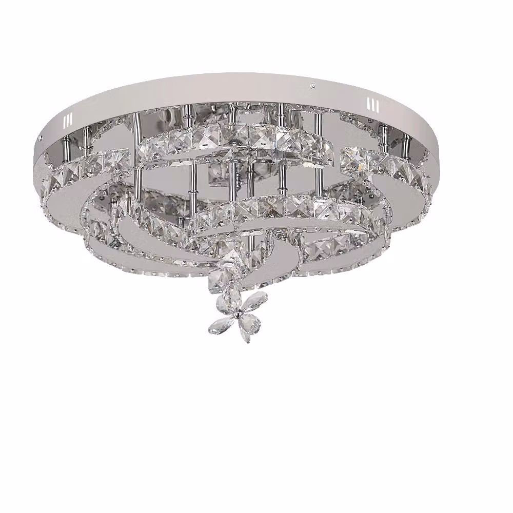 Lampada a sospensione moderna in cristallo, con strisce LED da 56W, dimmerabile, finitura argento, luce bianco caldo