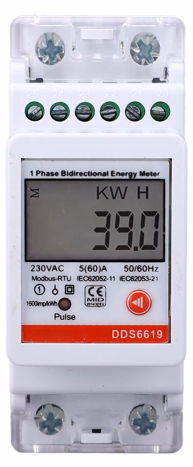 Contatore di energia monofase, misurazione bidirezionale, 2P, montaggio su guida DIN, consumo energetico KWh con comunicazione RS485, AC230 V, 5 A