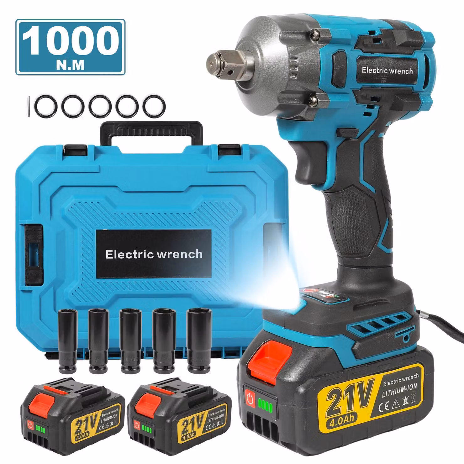 Avvitatore a percussione a batteria – Motore brushless – Coppia di 1000 Nm – 2 batterie – 5 inserti – Velocità variabile – Luce LED