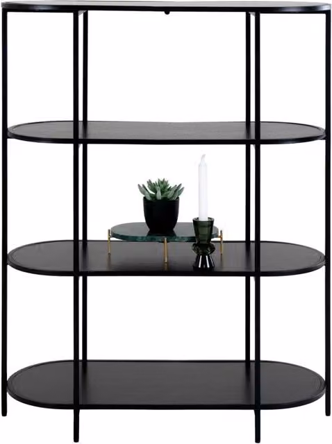 Libreria Vita ovale a 4 ripiani in nero con struttura in acciaio, 85×36×111 cm