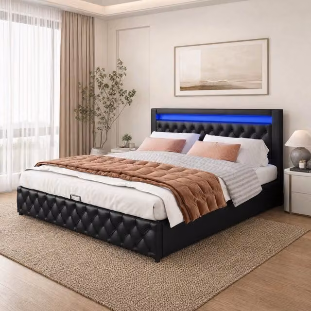 Letto Imbottito REDOM con Vano Contenitore e Illuminazione LED in Ecopelle Nera L/P/H: 140 x 200 cm