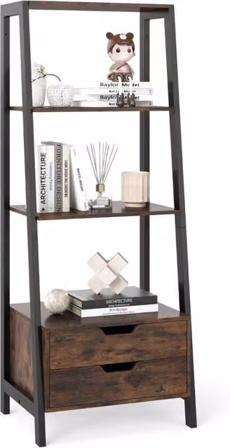 Libreria a scala moderna DESIGN IN con 4 ripiani aperti e 2 cassetti, struttura autoportante in legno e metallo, Marrone, Altezza: 134 cm