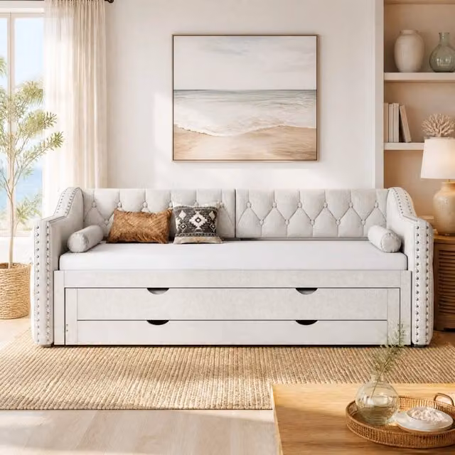 Letto Giorno REDOM Beige con LED, struttura imbottita in tessuto e 3 cassetti, L/P/H: 90 x 200 cm