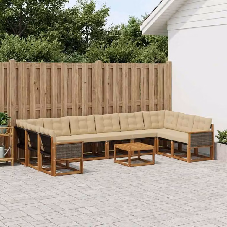 Set di divani da esterno vidaXL 11 pezzi in legno di acacia con cuscini beige e marrone, design moderno a L con tavolino da caffè per giardino e terrazza