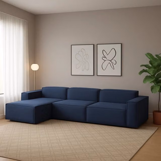 Divano componibile Atrillo di Talamo Italia, modello a 4 posti con penisola sinistra, design moderno in tessuto blu con funzione letto e coperture rimovibili, L: 340 cm, P: 170 cm, H: 70 cm