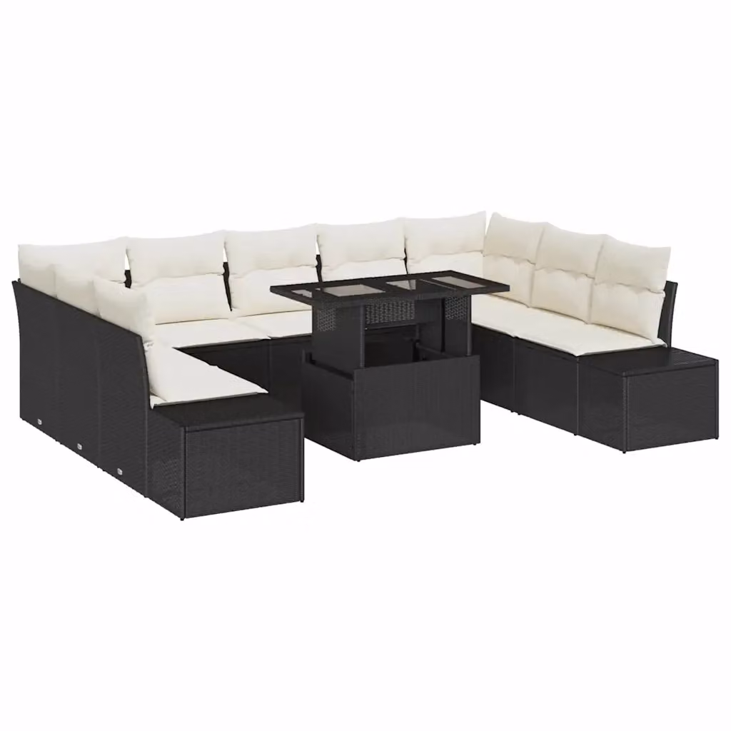 Set Divano da Giardino Moderno vidaXL in Polyrattan con Cuscini, 10 Pezzi, Nero e Beige – 2