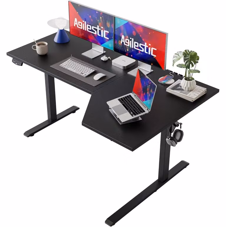 Scrivania regolabile in altezza, elettrica, a forma di L, dimensioni 150x90 cm, nera, per lavoro in piedi e seduti