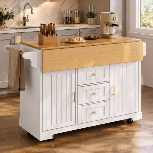 Isola cucina allungabile REDOM in MDF e metallo bianco, stile moderno, L 120 cm x P 80 cm x H 95 cm