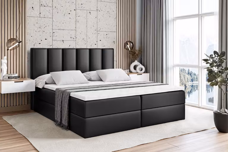 Letto boxspring ALTDECOR con materasso H4 e topper - 160 x 200 cm - BOXI1 - Pelle finta nera - Letto imbottito con contenitore e rete a doghe, letto con spazio contenitivo