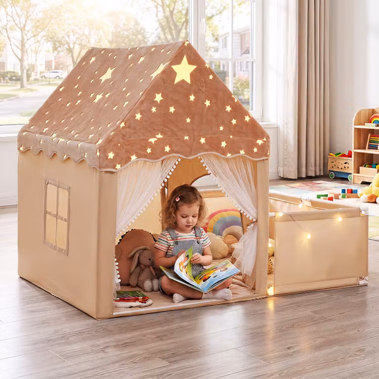 Costway Tenda da gioco 2 in 1 per bambini con recinto e luci a stelle beige