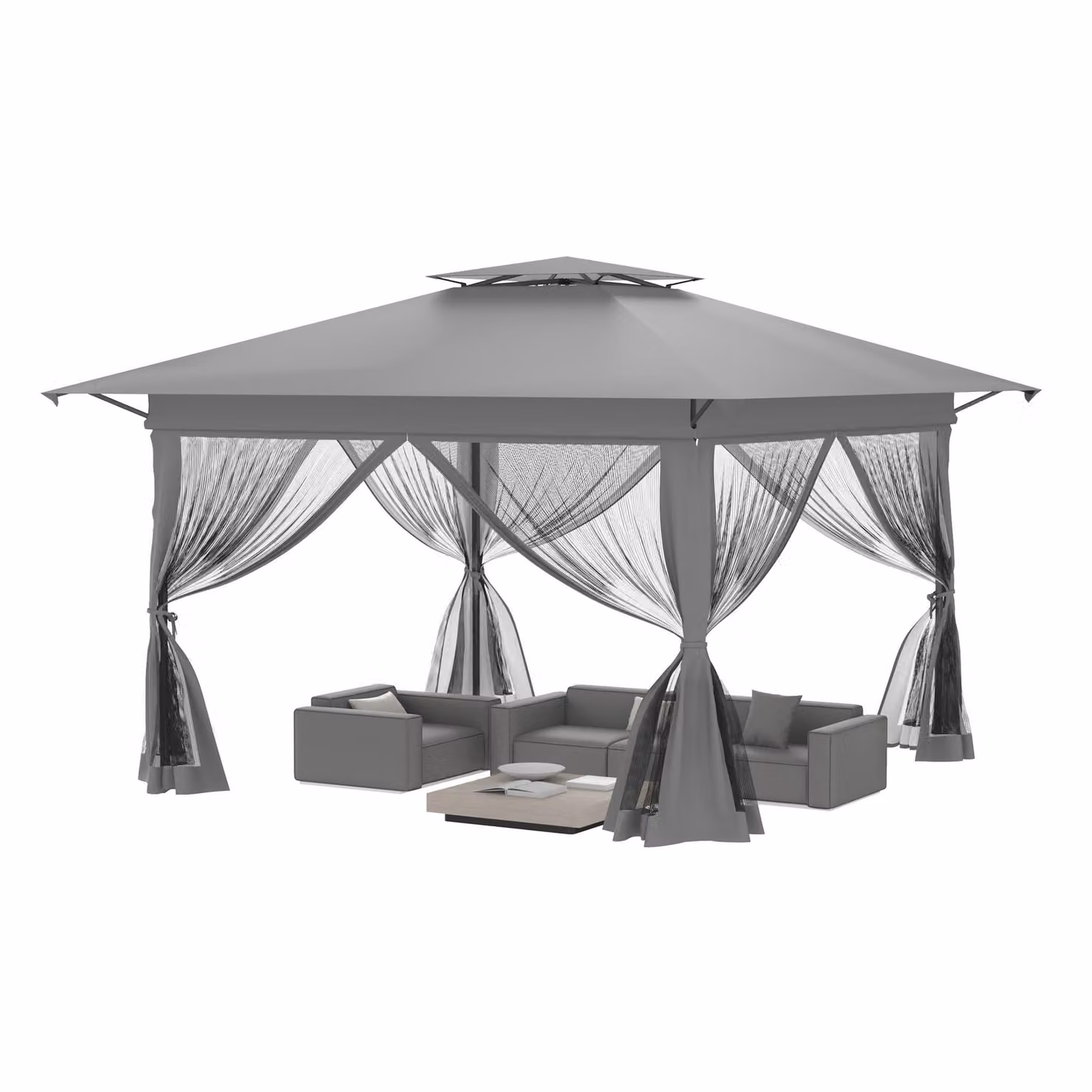 QEENTOE Gazebo pop-up da giardino, 4x4 metri, struttura in metallo con tetto a doppia falda, 4 pannelli laterali con zanzariera, colore grigio, ideale per giardino, feste e bancarelle