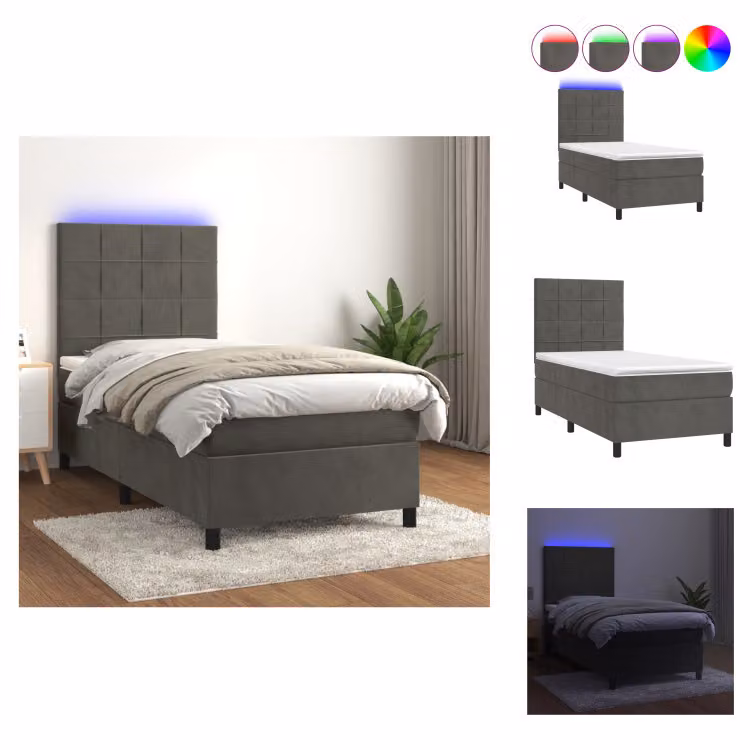 vidaXL Letto a molle con materasso e LED in velluto grigio scuro 80x200 cm - Letti & strutture letto