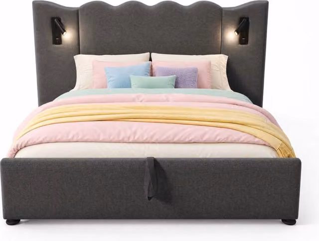 Letto matrimoniale contenitore ULEVR 160x200 cm con lampada orientabile, 2 USB e 2 Type-C, lino grigio