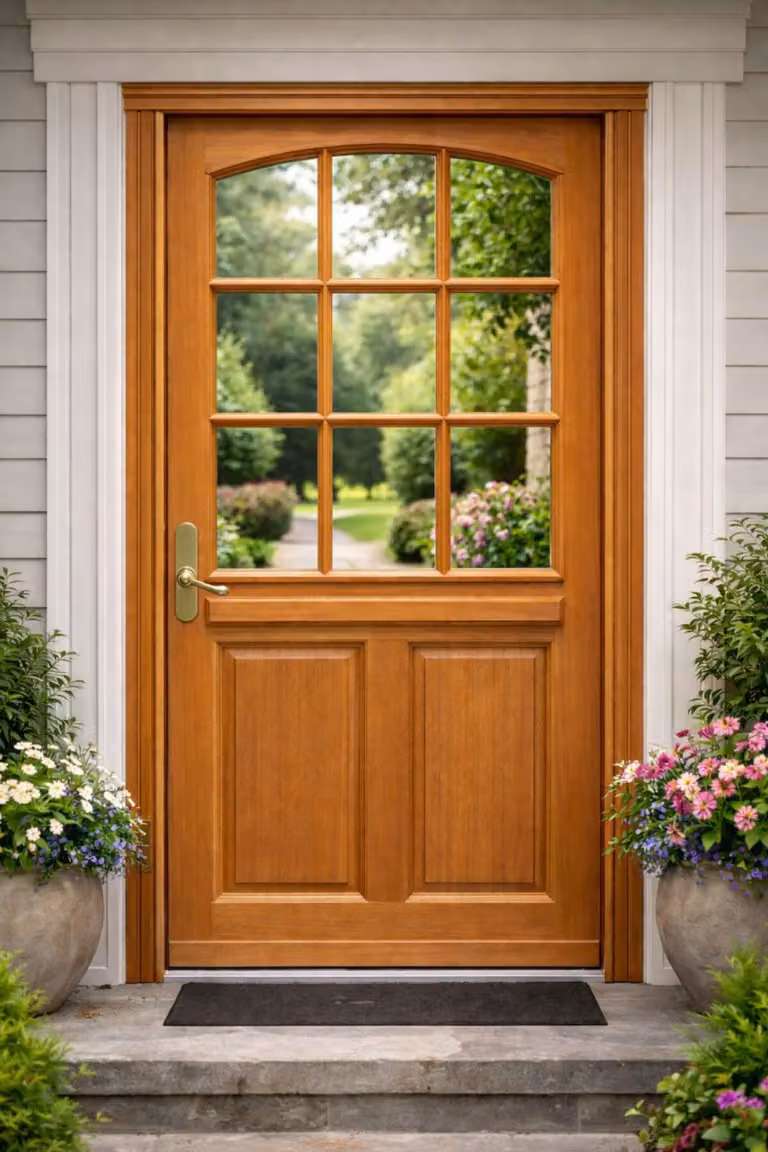 Porta d'ingresso in legno con vetrata Agatha, H.215xL.90 cm, lato con pannello dritto, maniglia, cilindro GD MENUISERIES