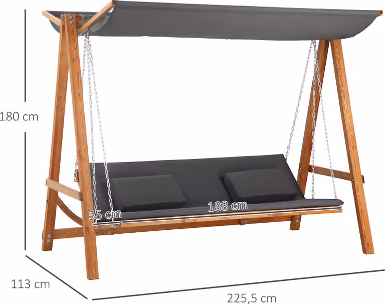 Sedia a dondolo Outsunny in stile hollywoodiano, con funzione letto, per 3 persone, con tetto, in legno di larice grigio