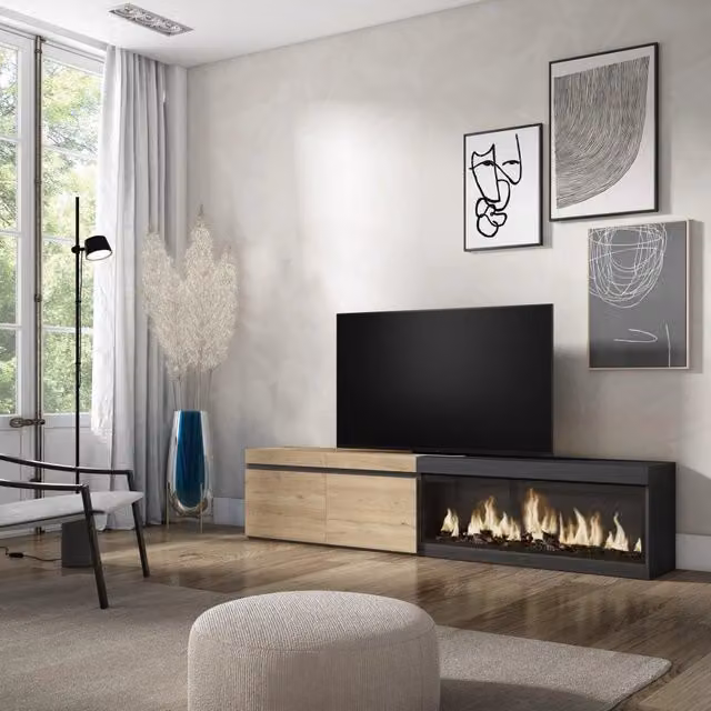 Mobile TV Soggiorno, 208x35x45cm, Per TV fino a 80", Camino elettrico XXL, colore Rovere e nero RF3266