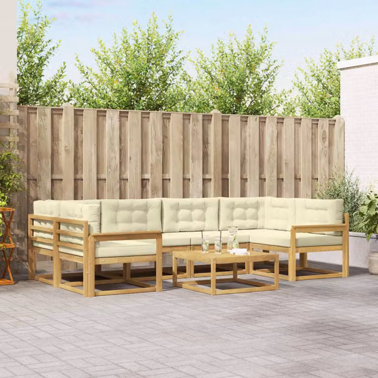 vidaXL Set di divani da esterno a L in legno di acacia con tavolo da caffè, 5 pezzi, Bianco e Beige