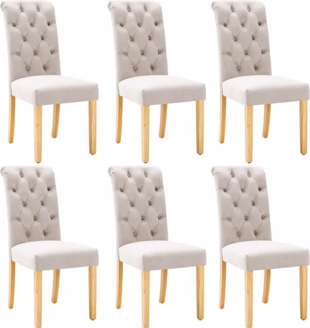 Set di 6 Sedie da Pranzo in Velluto Beige con Gambe in Quercia e Dettagli con Bottoni