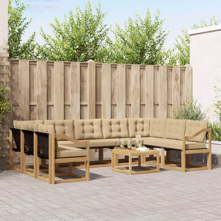 vidaXL Set di divani da esterno componibile 10 pezzi in legno di acacia con cuscini bianchi e beige