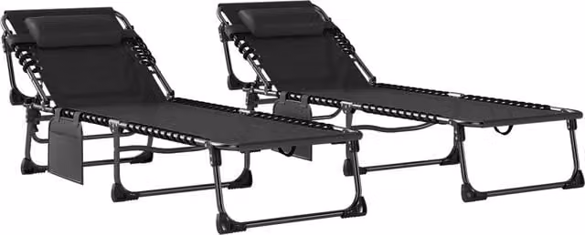 Set di 2 lettini prendisole da giardino Giordanoshop, pieghevoli e reclinabili su 5 livelli con cuscini in textilene nero, L/P/H: 200 x 57 x 38 cm