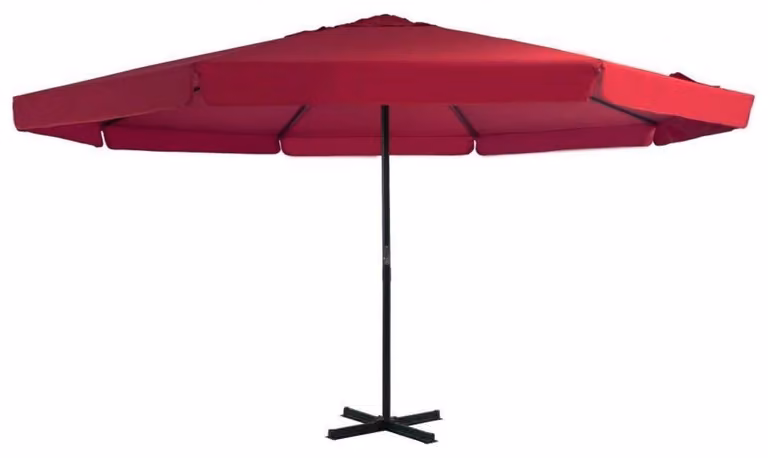 Ombrellone con diametro di 5 metri, palo in alluminio, colore bordeaux, base a croce. Protezione UV, resistente alle intemperie