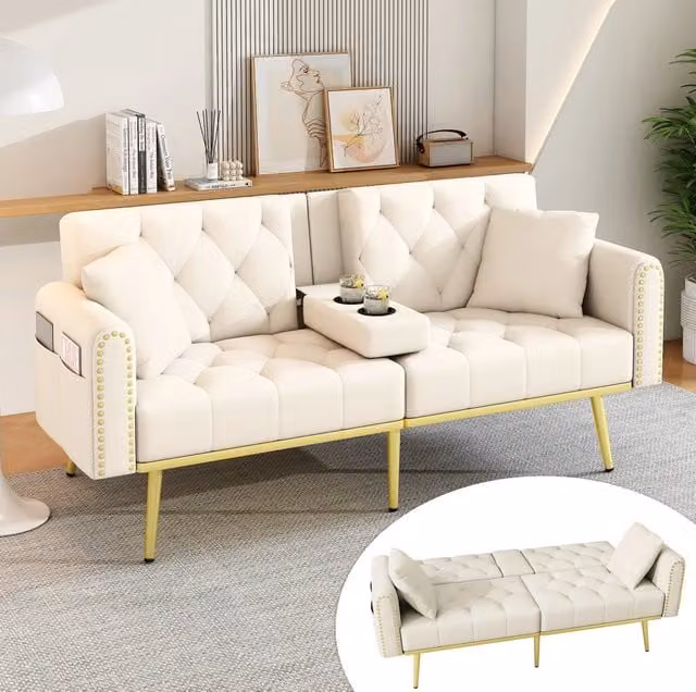 Divano letto in velluto beige con schienale reclinabile a 3 posizioni; 175 cm