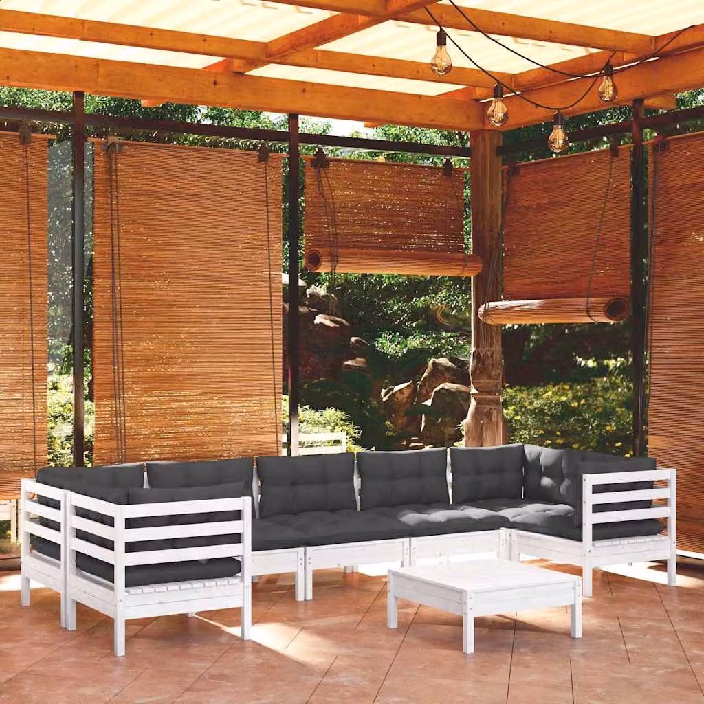 Set di divani da giardino vidaXL a forma di L composto da 8 pezzi in legno di pino con cuscini bianchi e antracite