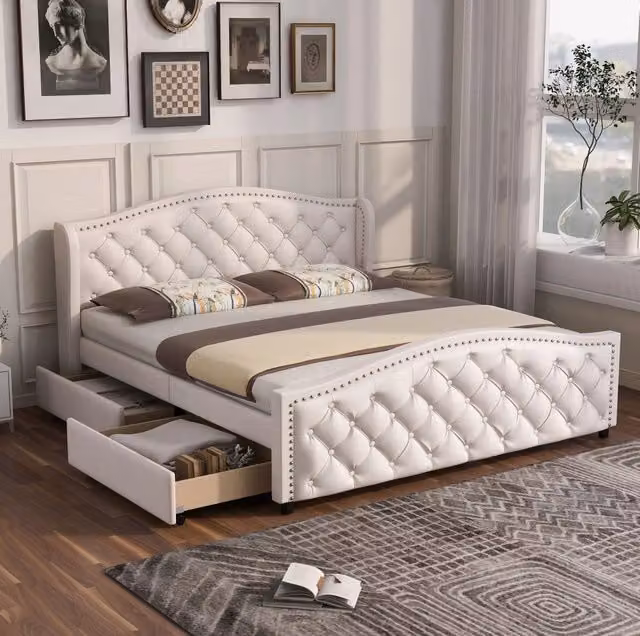 Letto imbottito 160x200 cm con 2 cassetti, rete a doghe e rivestimento in PU bianco