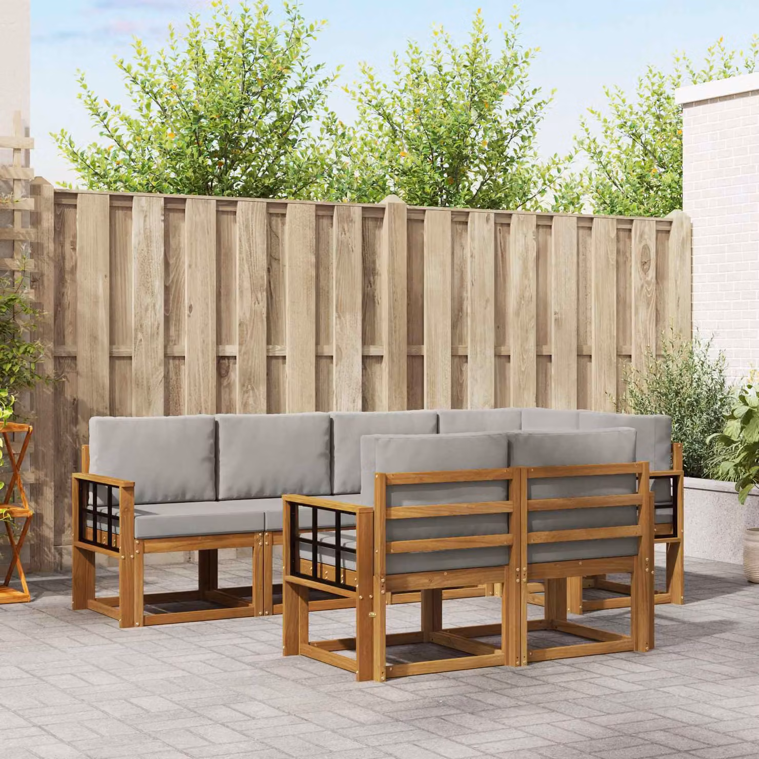 Set di divani da esterno vidaXL 7 pz in legno di acacia con cuscini Grigio e Marrone