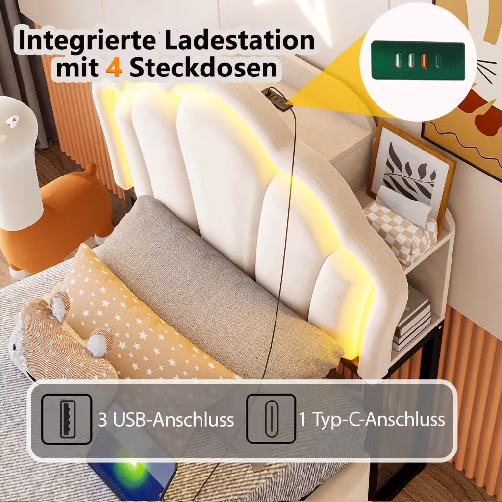 Letto imbottito REDOM in velluto beige con contenitore idraulico, illuminazione LED, prese USB e mensola integrata, L/P: 90 x 200 cm – 2