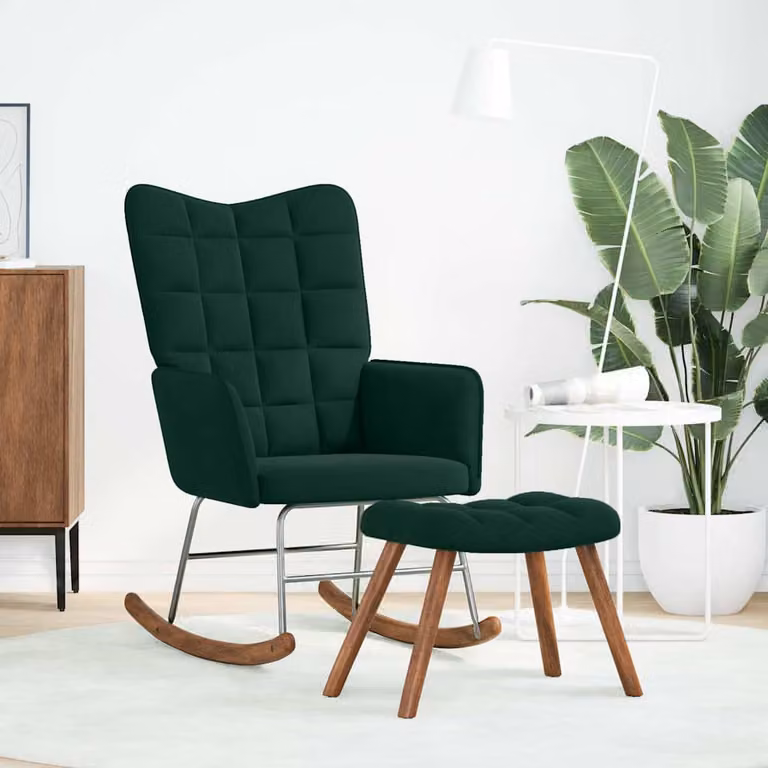 vidaXL Sedia a dondolo con sgabello in velluto verde scuro