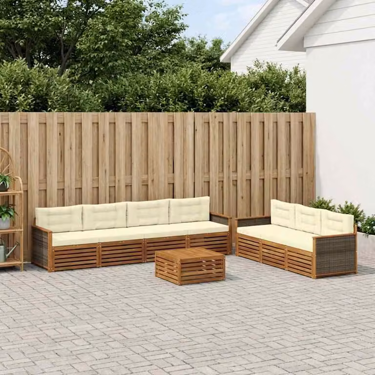 Set di divani da esterno vidaXL 8 pezzi in legno di acacia con cuscini beige e bianco per giardino e terrazza