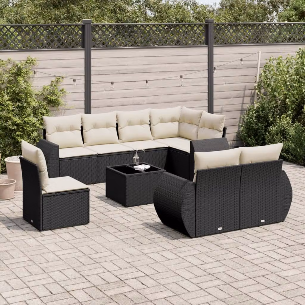 vidaXL Set Divani da Giardino a L 9 pz in Polyrattan Nero con Cuscini e Tavolino da Esterno – 1